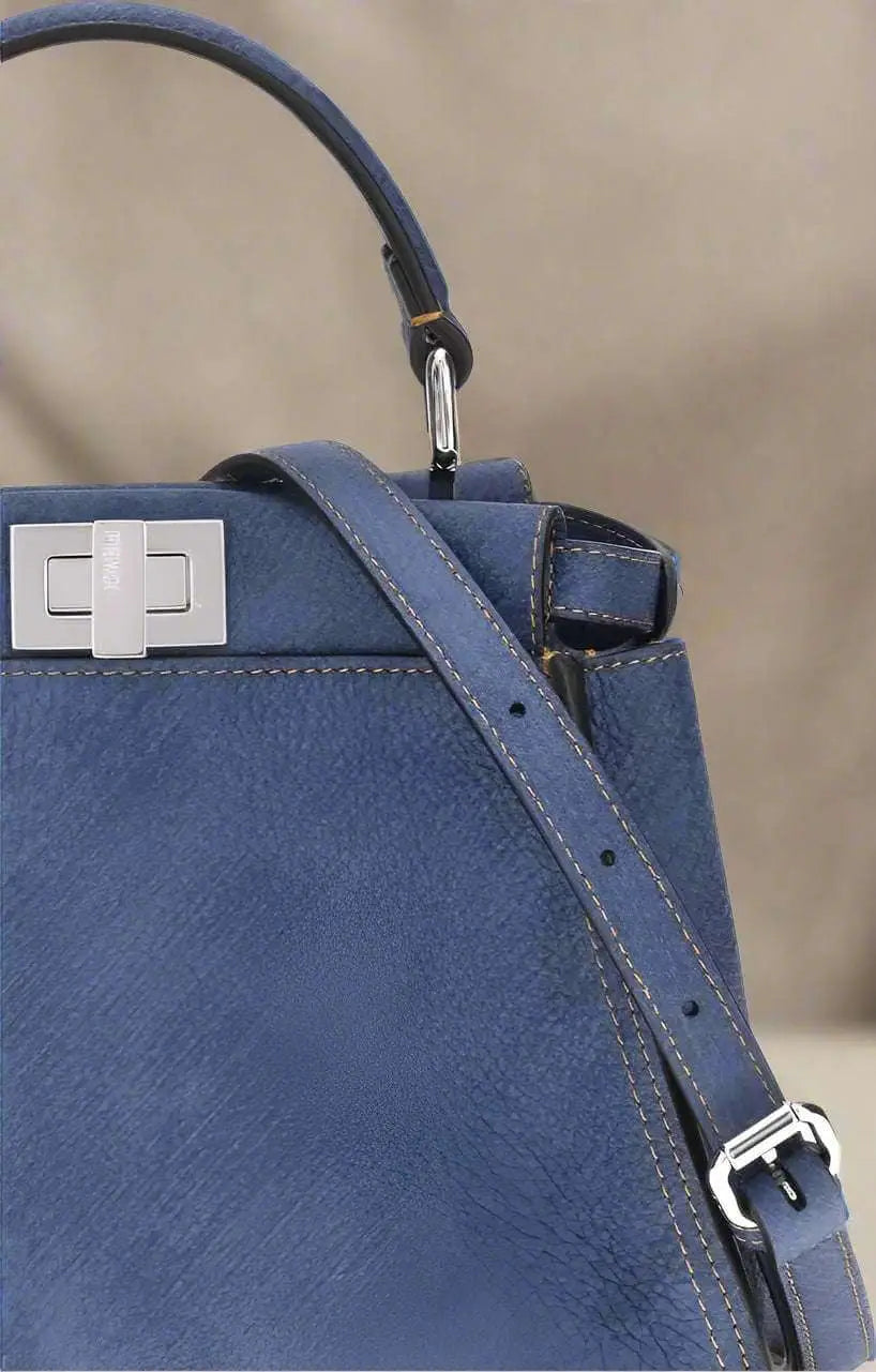FENDI blue grained leather Peekaboo mini handbag with silver hardware