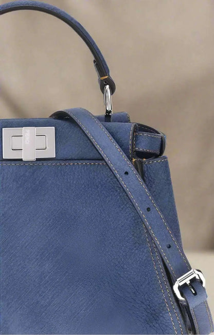 FENDI blue grained leather Peekaboo mini handbag with silver hardware