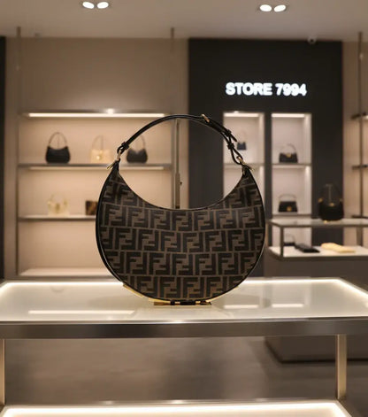 Fendi Fendigraphy Small Handbag with crescent shape and signature FF monogram pattern