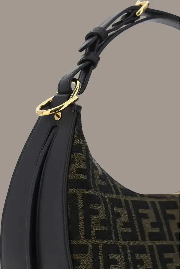 Black and dark brown FENDI Fendigraphy small handbag with gold hardware, luxury Italian design