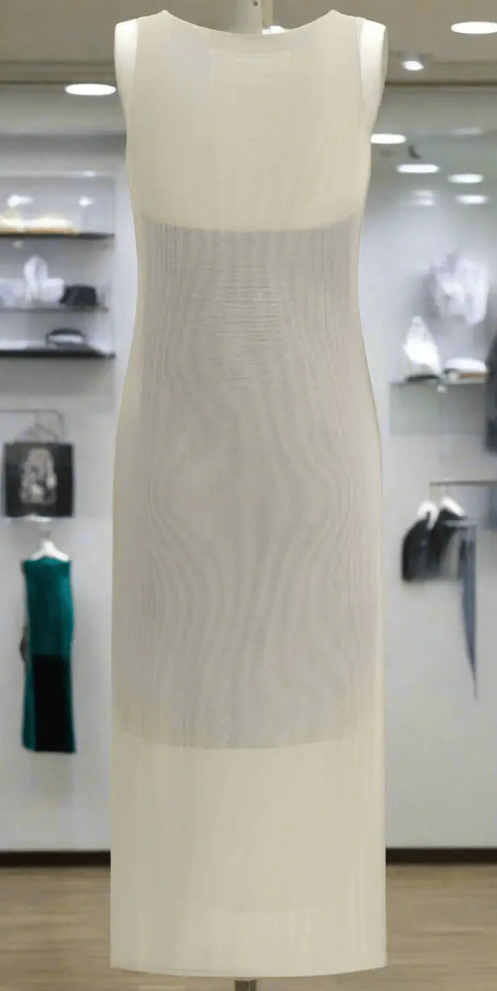 Light beige sleeveless midi dress with sheer upper and solid hem, Fendi logo embossed design