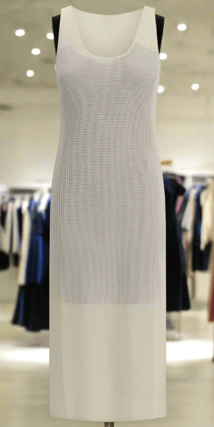 White sleeveless FENDI LOGO EMBOSSED LACY DRESS with opaque lining for elegant style