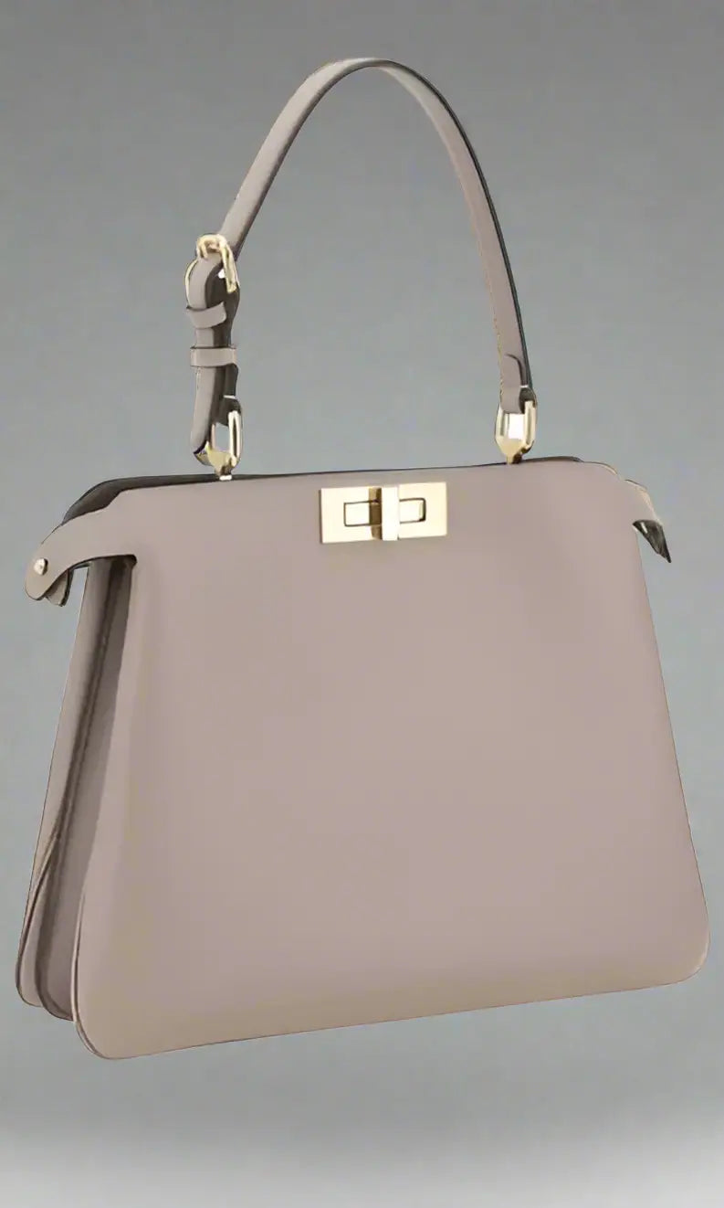 Light taupe leather Fendi Peekaboo handbag with top handle and gold-tone hardware