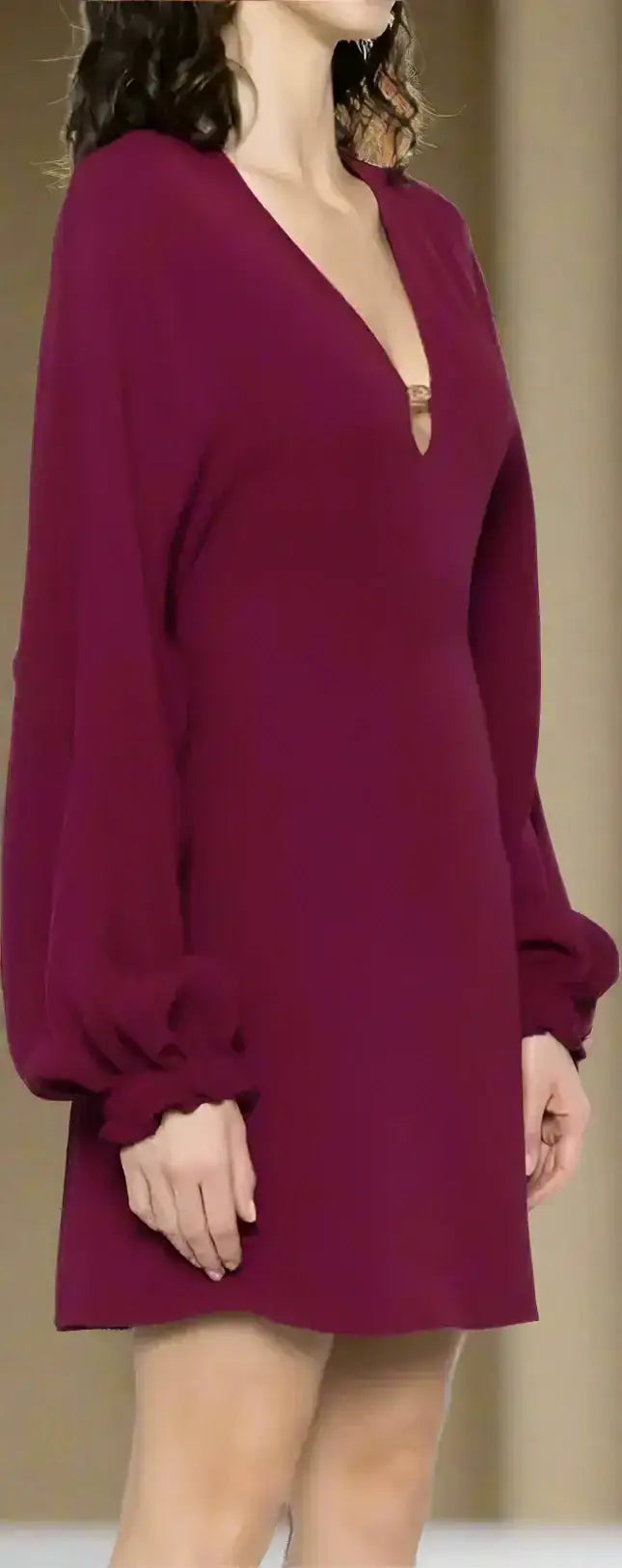 Deep red FENDI burgundy Cady Silk Dress with long sleeves V-neck and gold clasp