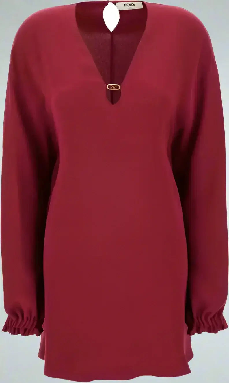 FENDI red burgundy Cady Silk Dress with long sleeves, V-neck, and ruffled cuffs