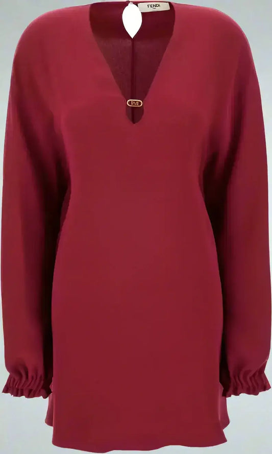 FENDI red burgundy Cady Silk Dress with long sleeves, V-neck, and ruffled cuffs