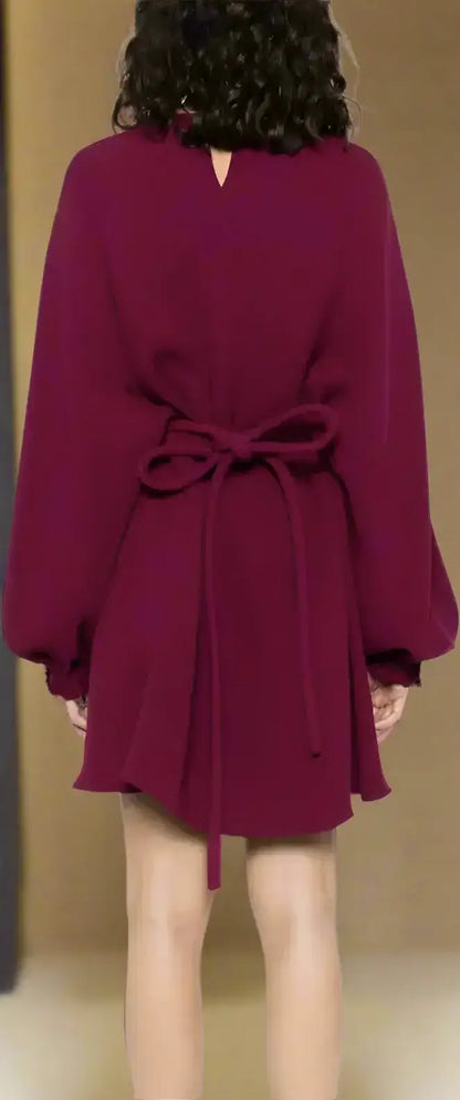 Women’s maroon long-sleeved FENDI Cady Silk Dress with back tie detail