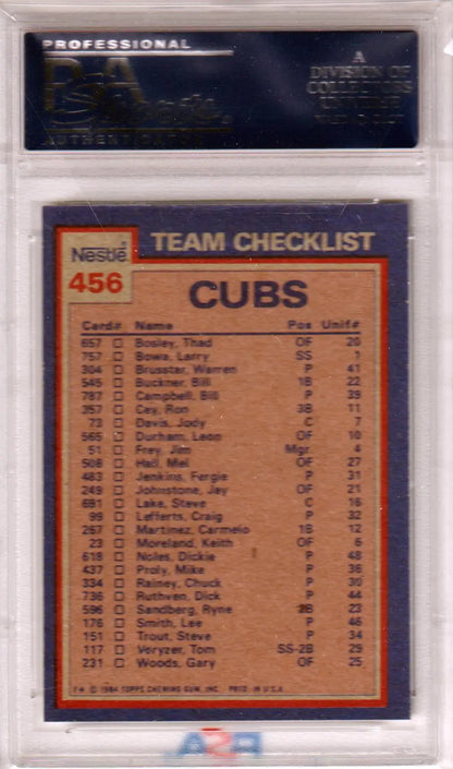 Graded baseball card back from Fergie Jenkins 1984 Topps Nestle Cubs Leaders PSA 9