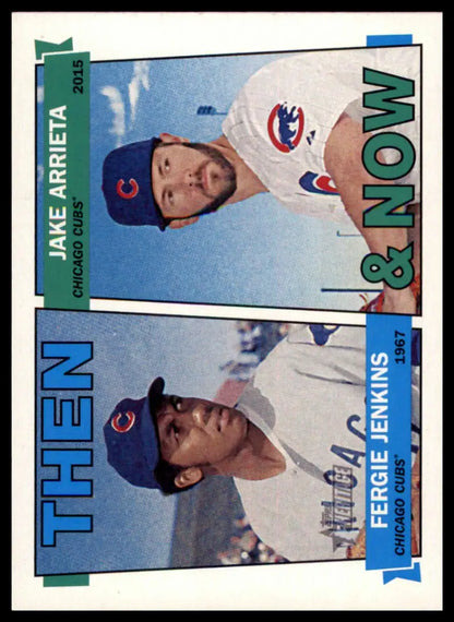 Baseball card featuring Fergie Jenkins and Jake Arrieta from Topps Heritage Chicago Cubs