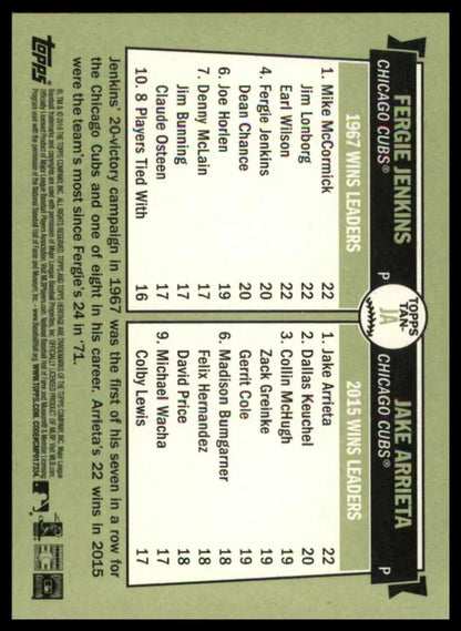 Baseball card back from Fergie Jenkins Jake Arrieta 2016 Topps Heritage Cubs