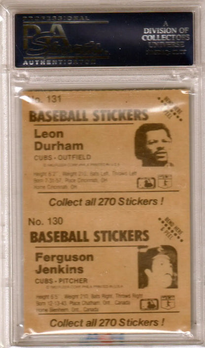 Graded baseball sticker card from Columbia Hobby featuring Ferguson Jenkins 1983 Fleer sticker panel with Leon Durham PSA 9 MINT