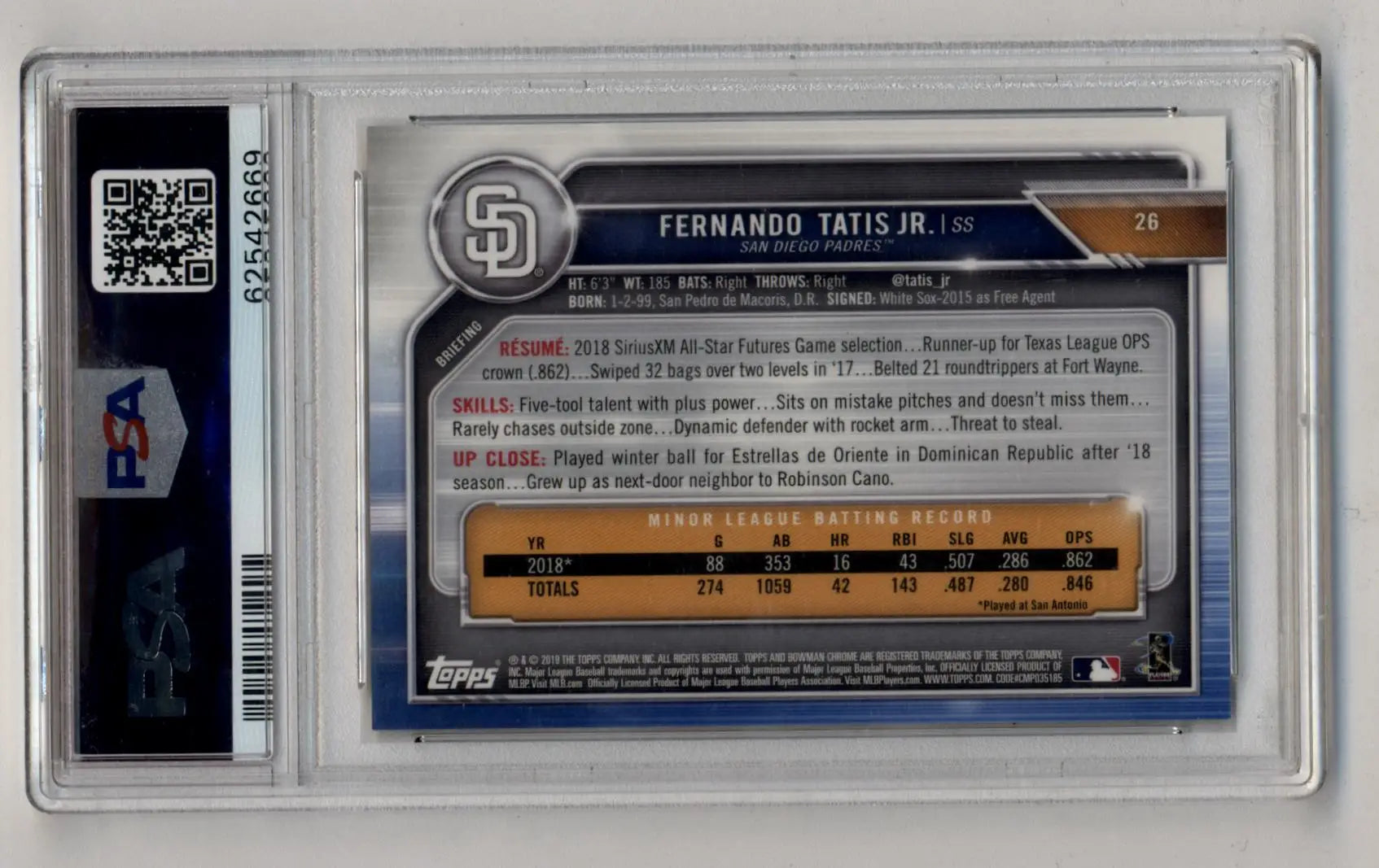 Fernando Tatis Jr 2019 Bowman Chrome Gold Refractor #26 41/50 PSA 9 Mint - Singles