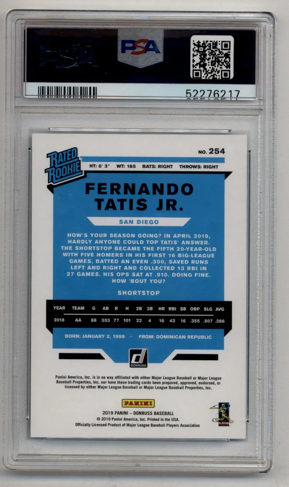 Graded Fernando Tatis Jr 2019 Chronicles Donruss Rated Rookie Light Blue card PSA 10