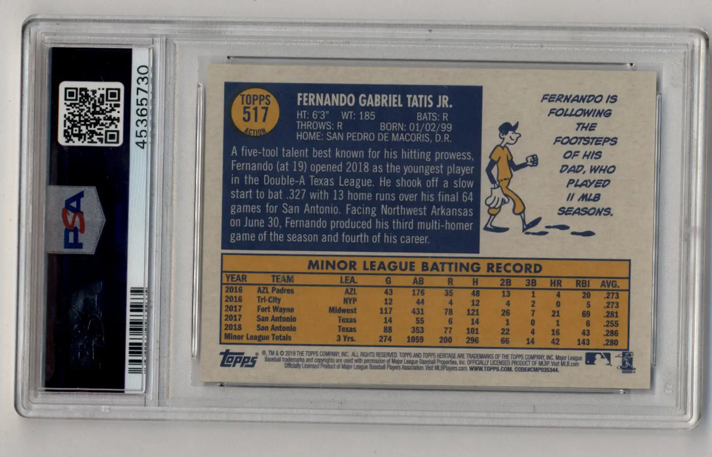 Fernando Tatis Jr Heritage Action baseball card in protective case, Gem Mint PSA 10