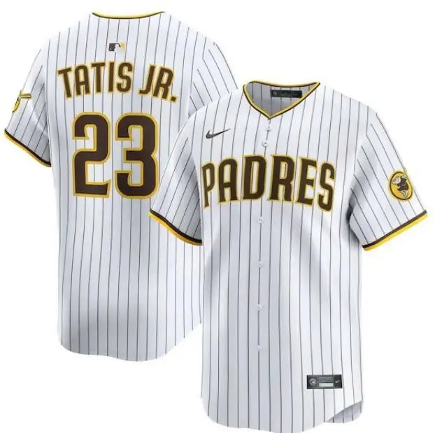 White pinstripe baseball jersey from the Fernando Tatis Jr. San Diego Padres Nike Alternate collection