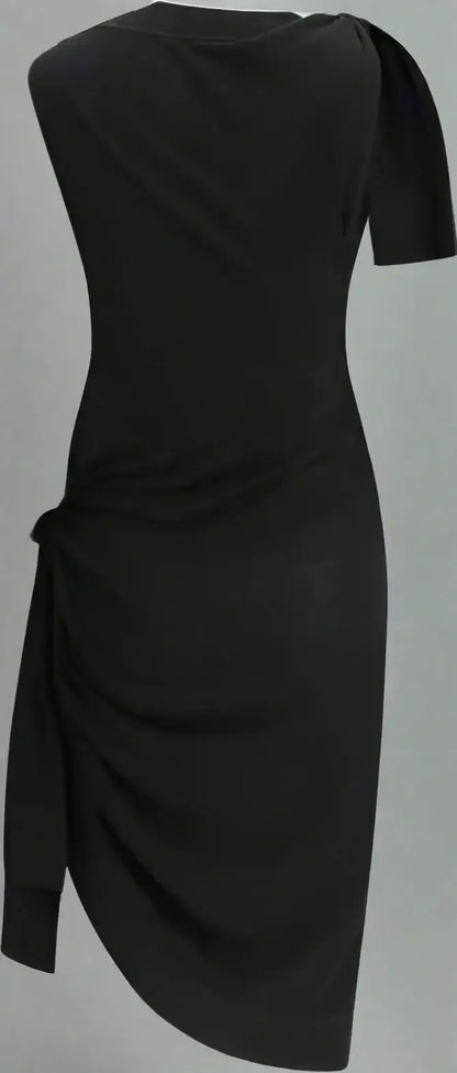 FERRAGAMO black asymmetrical knit dress with short sleeves and side ruching