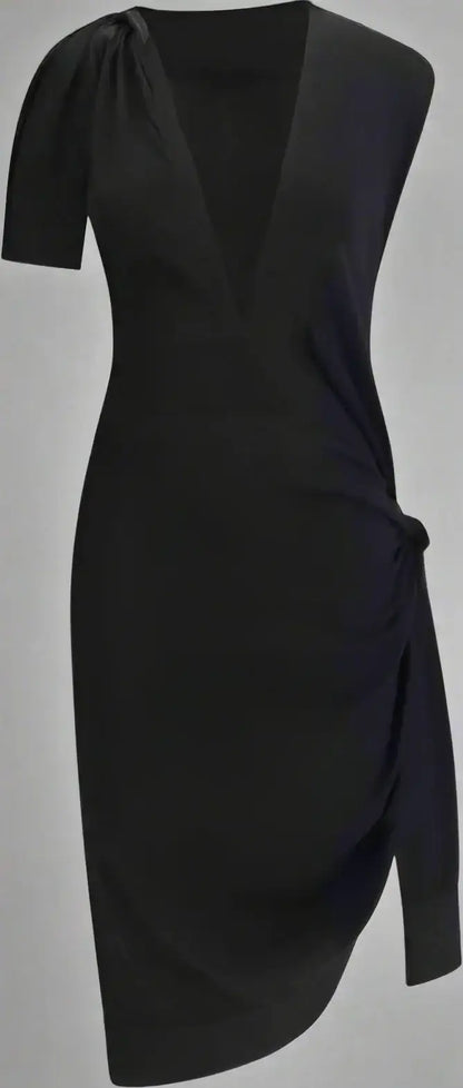 FERRAGAMO black asymmetrical knit dress with deep V-neck and side tie detail