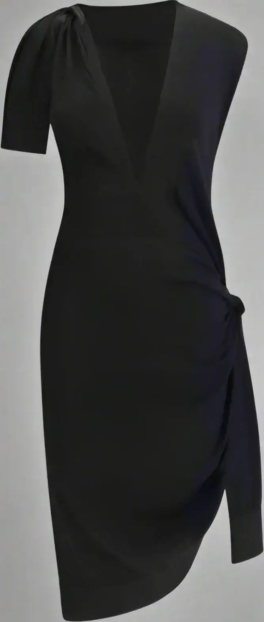 FERRAGAMO black asymmetrical knit dress with deep V-neck and side tie detail