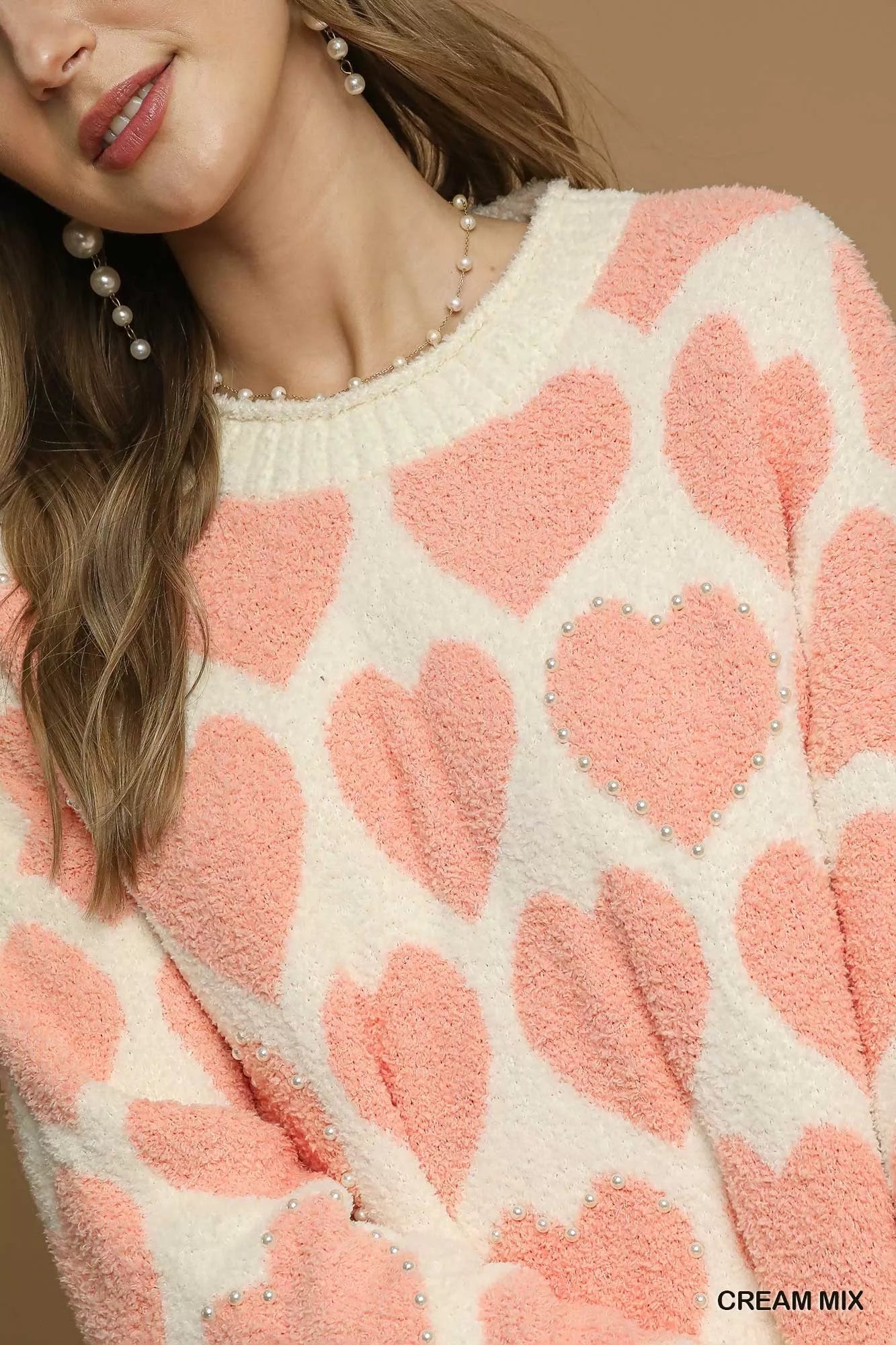 Umgee Mix Heart Pattern Pearl Accent Sweater