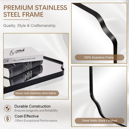 Black Bathroom Mirror, 22X30 Inch Asymmetrical Mirror, Irregular Wall Mirror in Stainless Steel Metal Frame, Modern Scalloped Mirrors Ideal for Bathroom, Bedroom (Horizontal/Vertical)-2