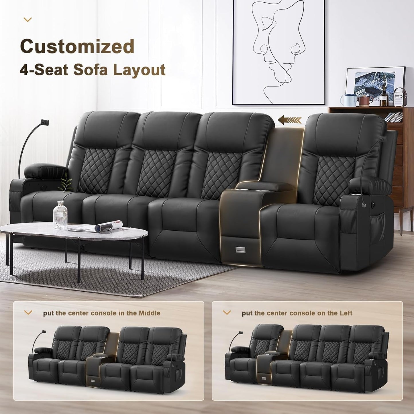 4 Seat Recliner Sofa, Large Reclining Sofa with Storage Console, Manual Reclining Chair with USB Ports, 2 Cell Phone Holder, 4 Seater Recliner Couch for Living Room-2