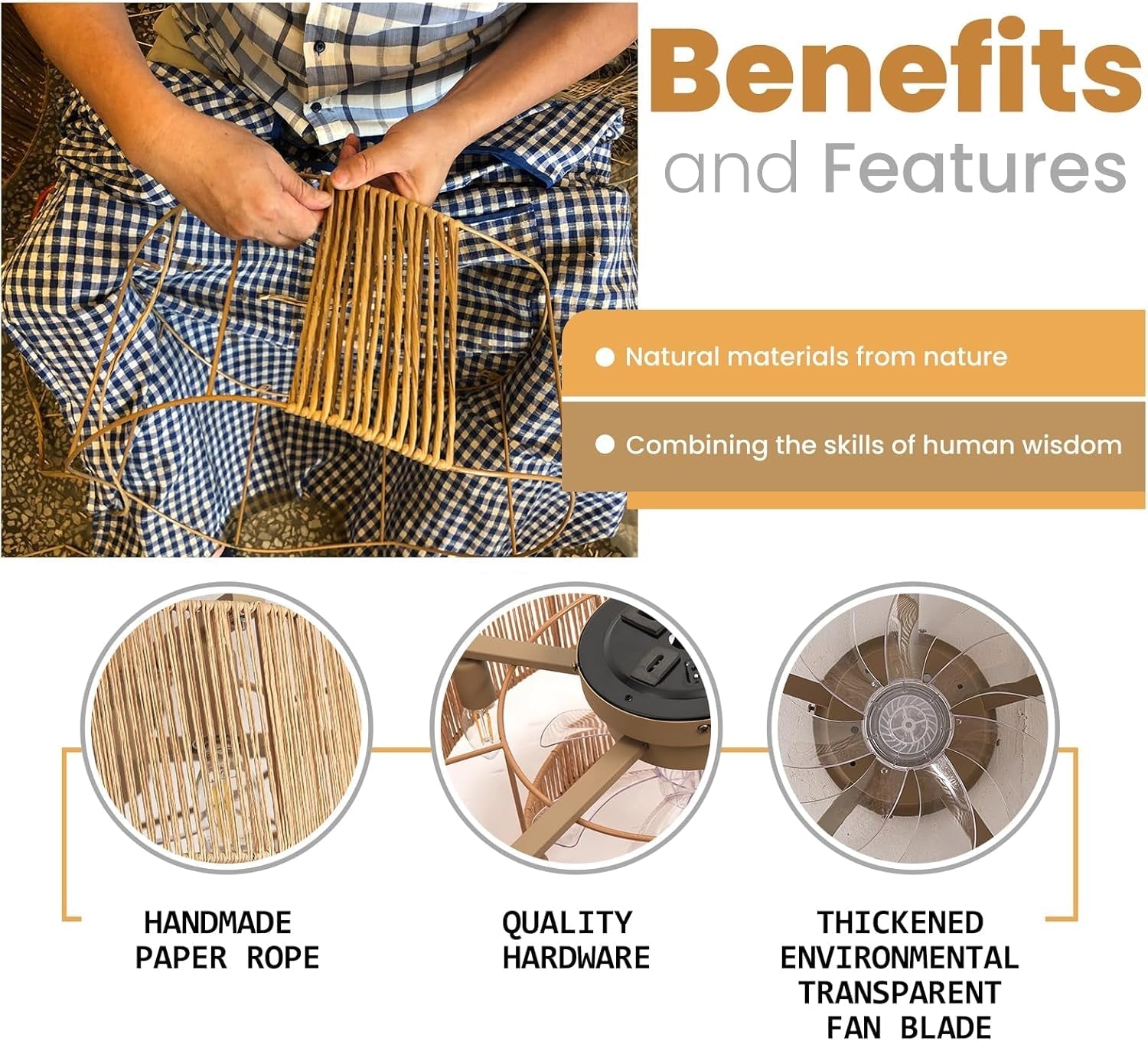 Boho Flush Mount Rattan Ceiling Fan with Light-2