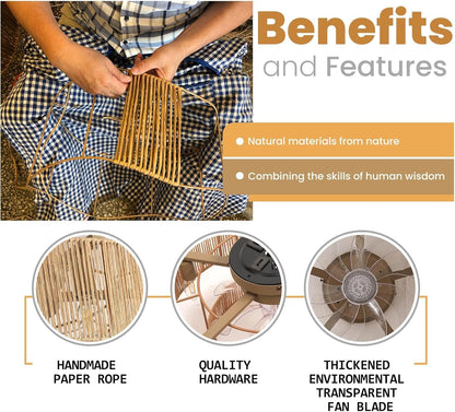 Boho Flush Mount Rattan Ceiling Fan with Light-2