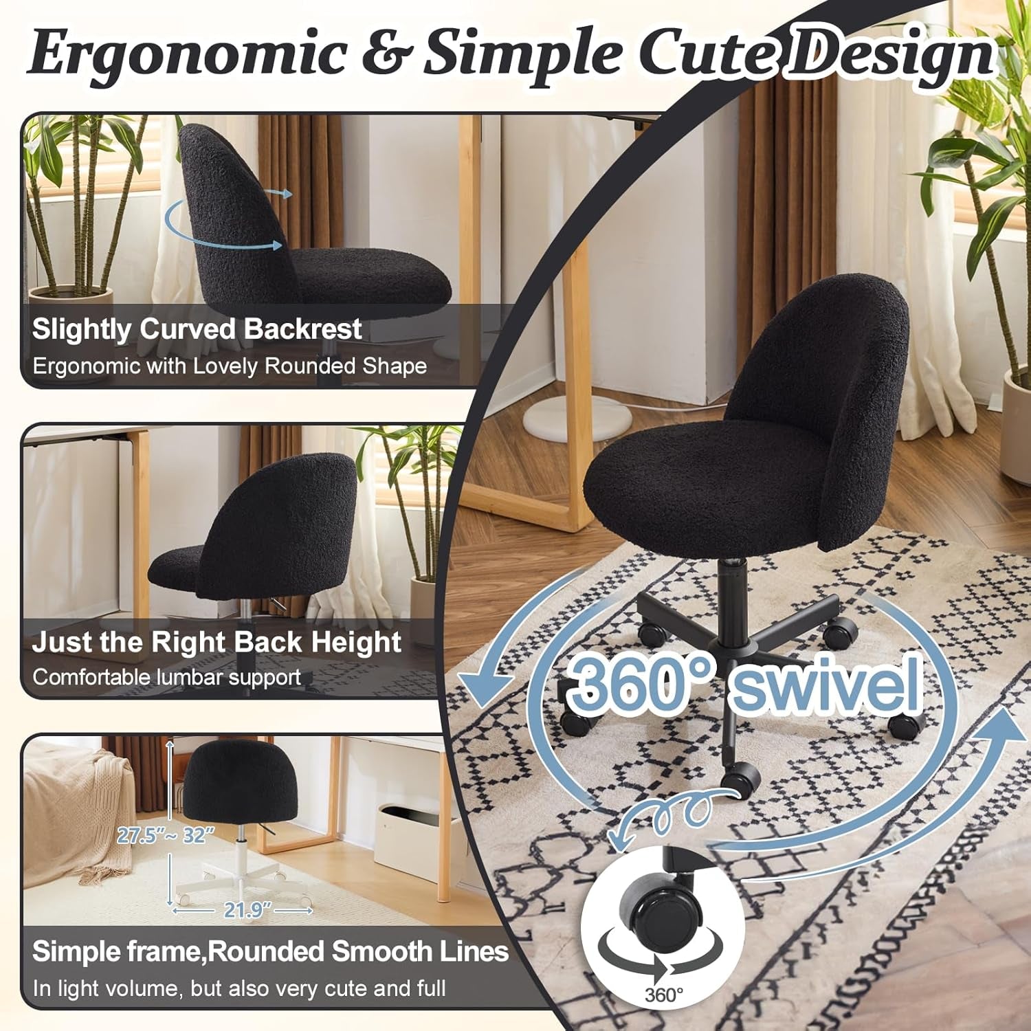 Candy Chair Armless Cute Desk Chair,Comfy Small Office Chair with Wheels,Vanity Chair with Lumbar Support,Teddy Adjustable Rolling Swivel Computer Task Chair for Home Office,Bedroom,Jet Black-3