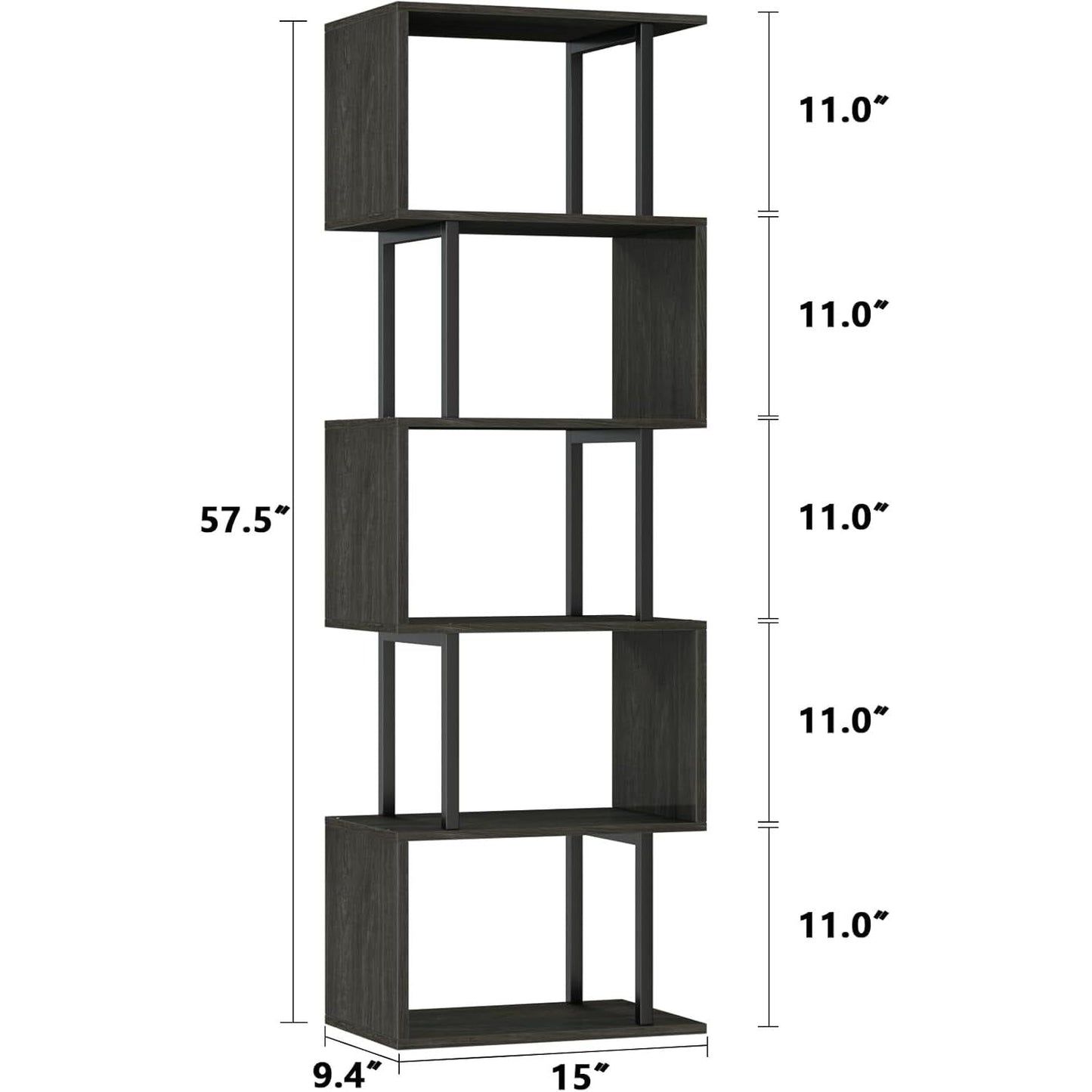 6 Tier Bookshelf Tall Geometric Bookcase, S-Shaped Industrial Display Standing Shelf, Metal and Wood Decorative Storage Room Divider Shelves for Bedroom, Living Room, Office, Light Black Oak-2
