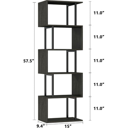 6 Tier Bookshelf Tall Geometric Bookcase, S-Shaped Industrial Display Standing Shelf, Metal and Wood Decorative Storage Room Divider Shelves for Bedroom, Living Room, Office, Light Black Oak-2