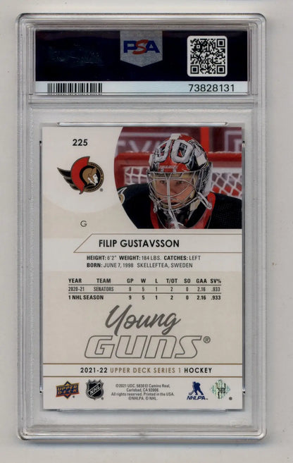 PSA-graded Filip Gustavsson Ottawa Senators goalie card from Upper Deck Speckled Rainbow Foil