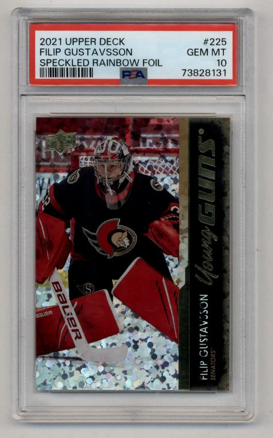 PSA 10 Gem Mint Filip Gustavsson 2021-22 Upper Deck Speckled Rainbow Foil card