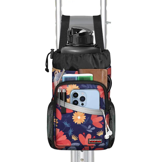 Floral walker bag with water bottle, durable crutch accessories bag with drink holder