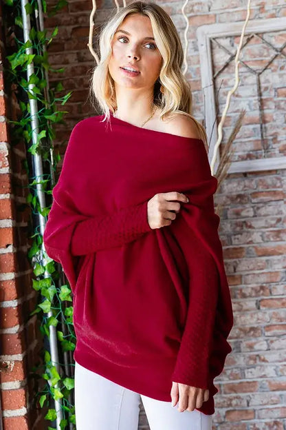 Burgundy off-the-shoulder sweater with balloon sleeves and asymmetrical hem dolman sleeve