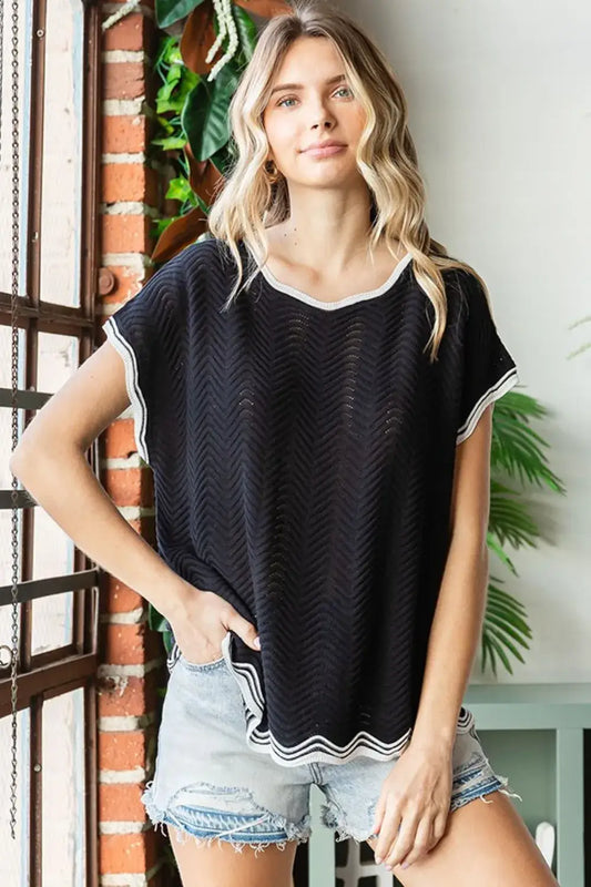 Black and white striped trim knit top with short sleeves featuring wavy crochet drop shoulder design