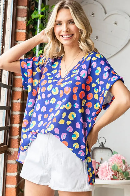 First Love Printed V-Neck Short Sleeve Blouse - BLUEMULTI / S