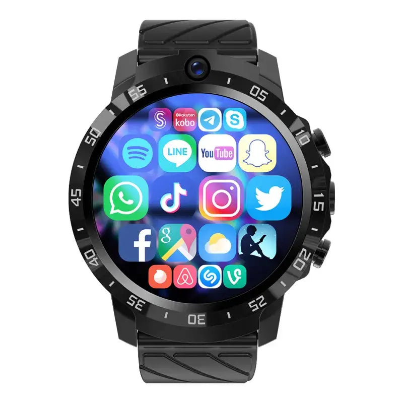Black MT27 Smartwatch with round display showing app icons, 128G music, Bluetooth, camera