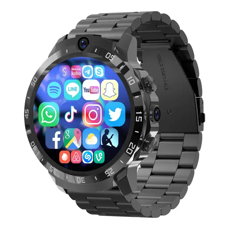 Black MT27 Smartwatch with metallic band 128G music, Bluetooth, camera, and app display
