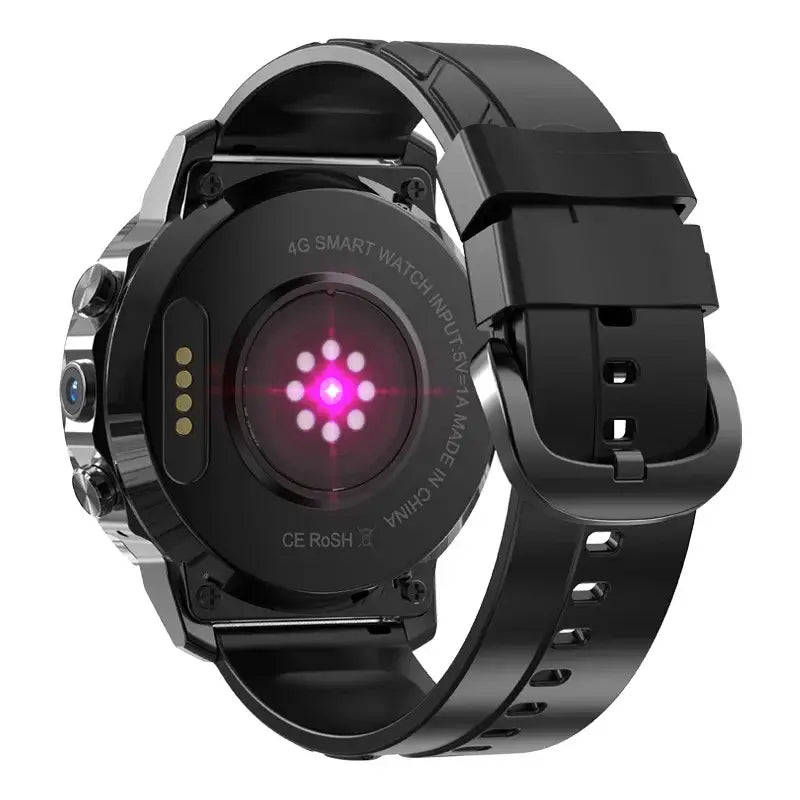 Black smart watch with a heart rate sensor and charging contacts.