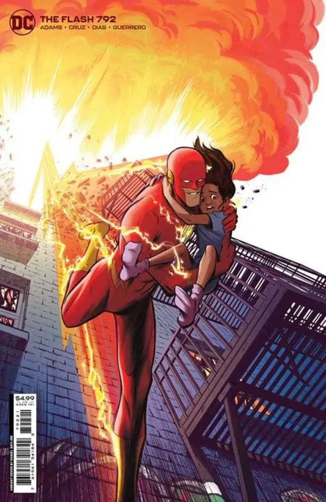 Superhero in red suit saves child in fiery scene from Flash #792 trading card variant