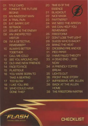 Checklist card for The Flash Season 1 Gold Logo Parallel Chase Card #72 Episode Titles