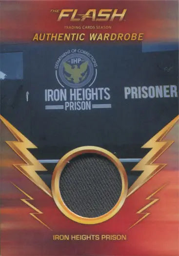 Circular swatch of dark fabric from Iron Heights Prison uniform with lightning bolt graphics