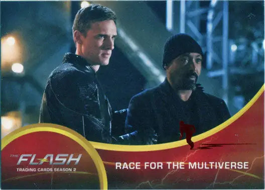 Trading card of The Flash featuring two men in Race for the Multiverse, Scarlet Speedster Deco