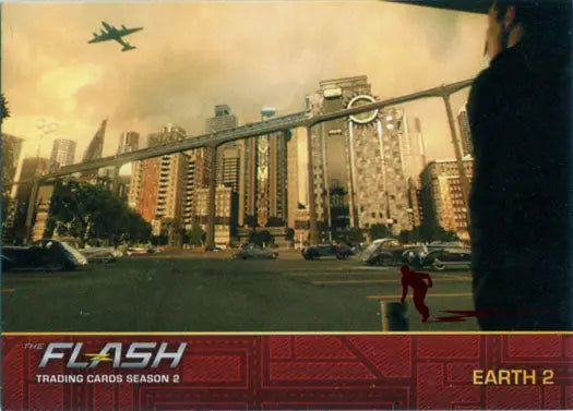 Futuristic cityscape with tall buildings and monorail in Flash Season 2 Scarlet Speedster Deco
