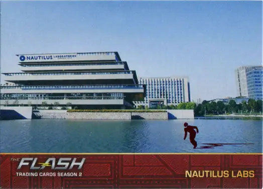 Futuristic Nautilus building with Scarlet Speedster Deco running on water in front
