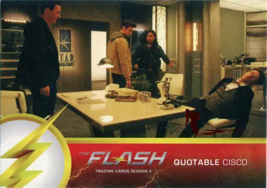 Trading card showcasing The Flash characters in an office, featuring Scarlet Speedster Deco Red