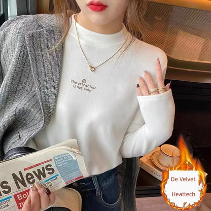 Fleece-Lined Half Turtleneck Top for Women - L / DRH318-White (De Velvet) - Tops