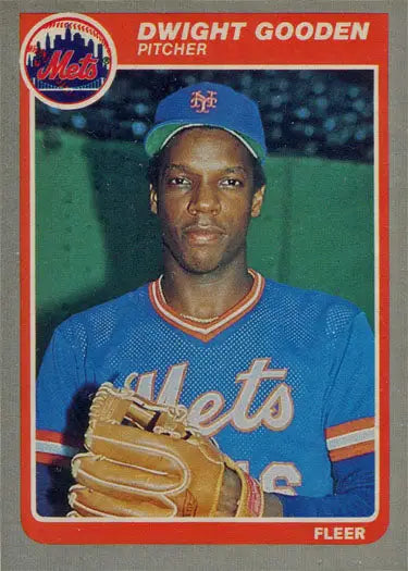 Baseball card featuring New York Mets pitcher Dwight Gooden in blue jersey and cap