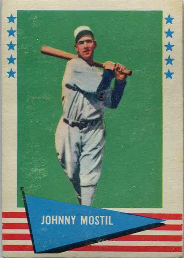 Vintage Fleer Baseball Greats card of Johnny Mostil in white uniform with bat