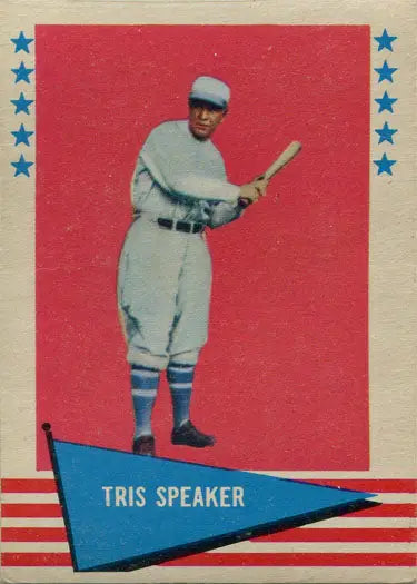 Vintage Fleer Baseball Greats 1961 card of Tris Speaker in white uniform with bat